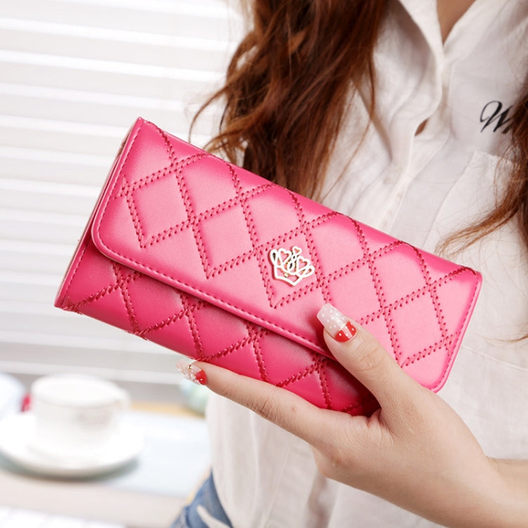 Fashion Argyles Texture Metal Crown 3-Folding Long Design PU Leather Wallet Coin Purse for Women(Magenta)