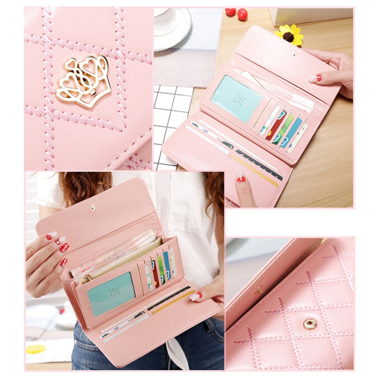 Fashion Argyles Texture Metal Crown 3-Folding Long Design PU Leather Wallet Coin Purse for Women(Magenta)