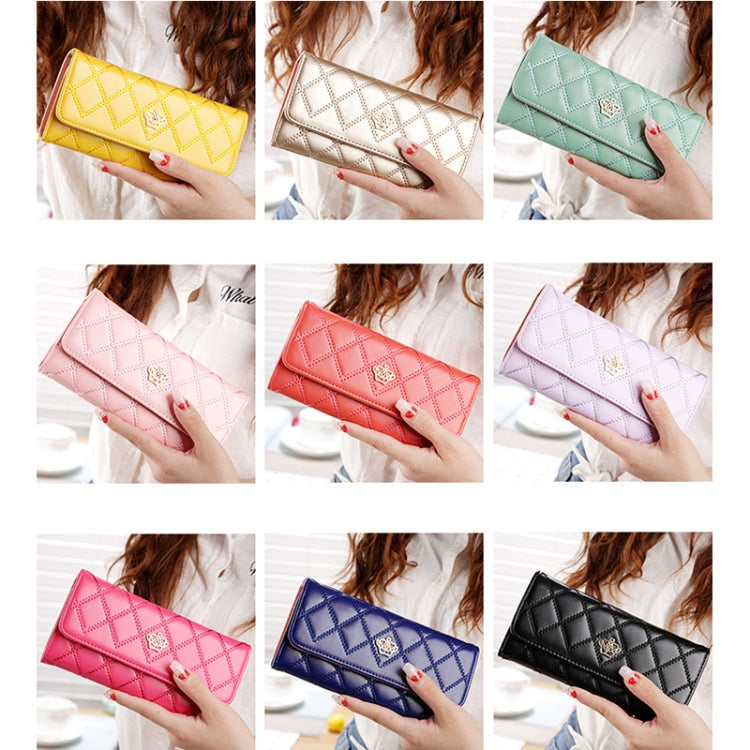Fashion Argyles Texture Metal Crown 3-Folding Long Design PU Leather Wallet Coin Purse for Women(Yellow)