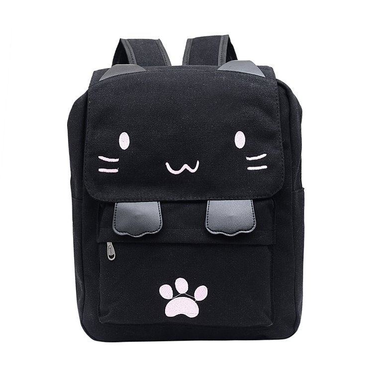 Cat Shape Leisure Fashion Canvas Double Shoulders Bag Backpack(Black)