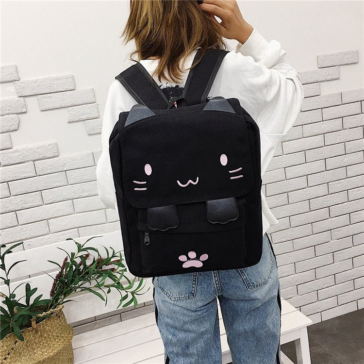 Cat Shape Leisure Fashion Canvas Double Shoulders Bag Backpack(Black)