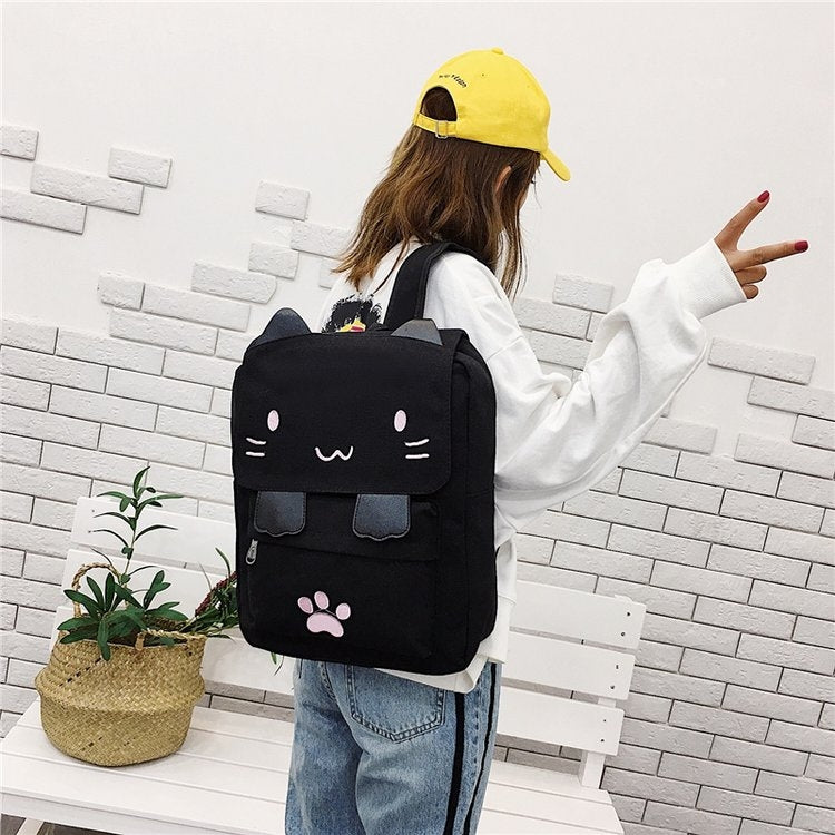 Cat Shape Leisure Fashion Canvas Double Shoulders Bag Backpack(Black)
