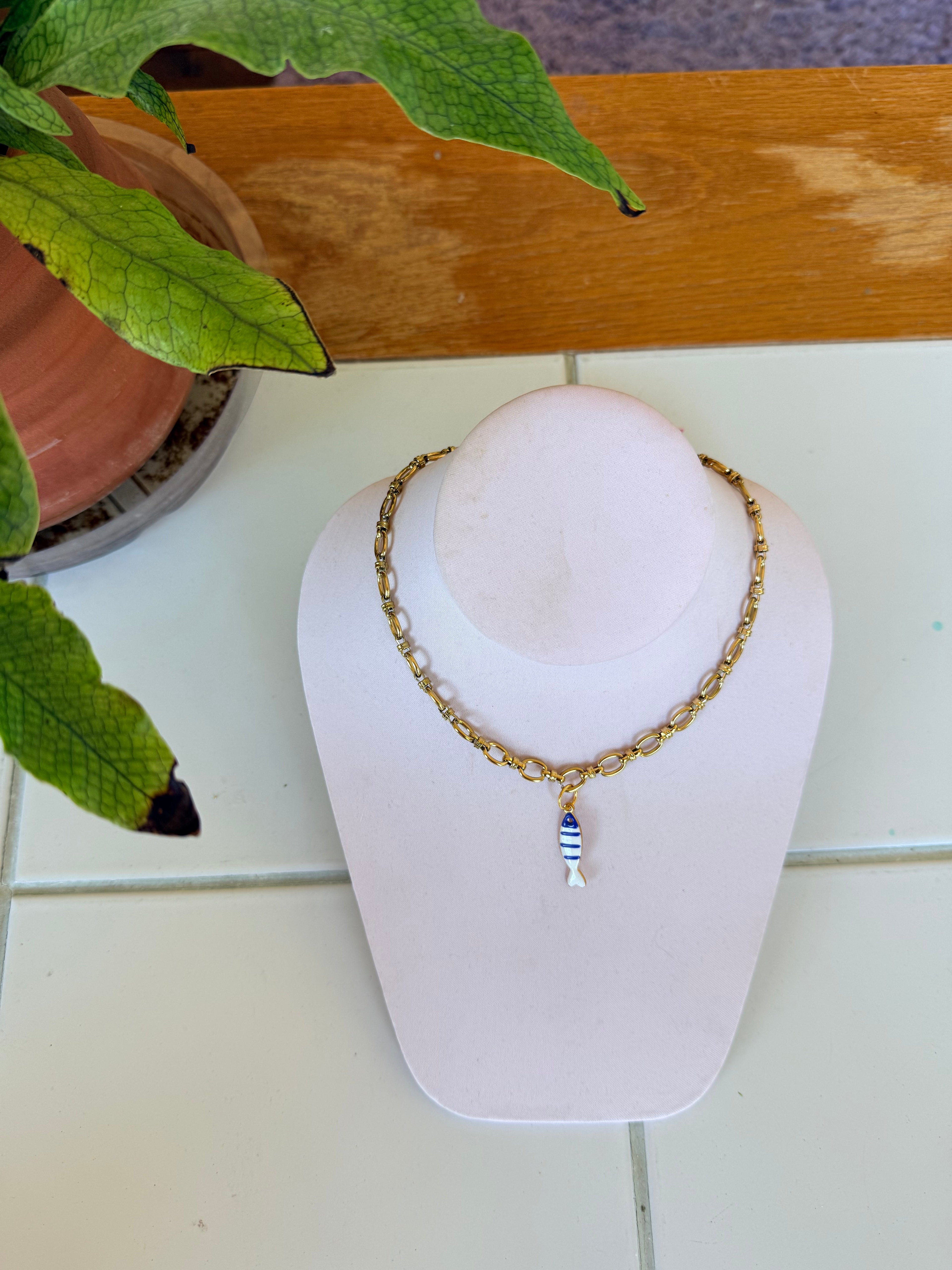 Blue and White Sardine Charm Necklace
