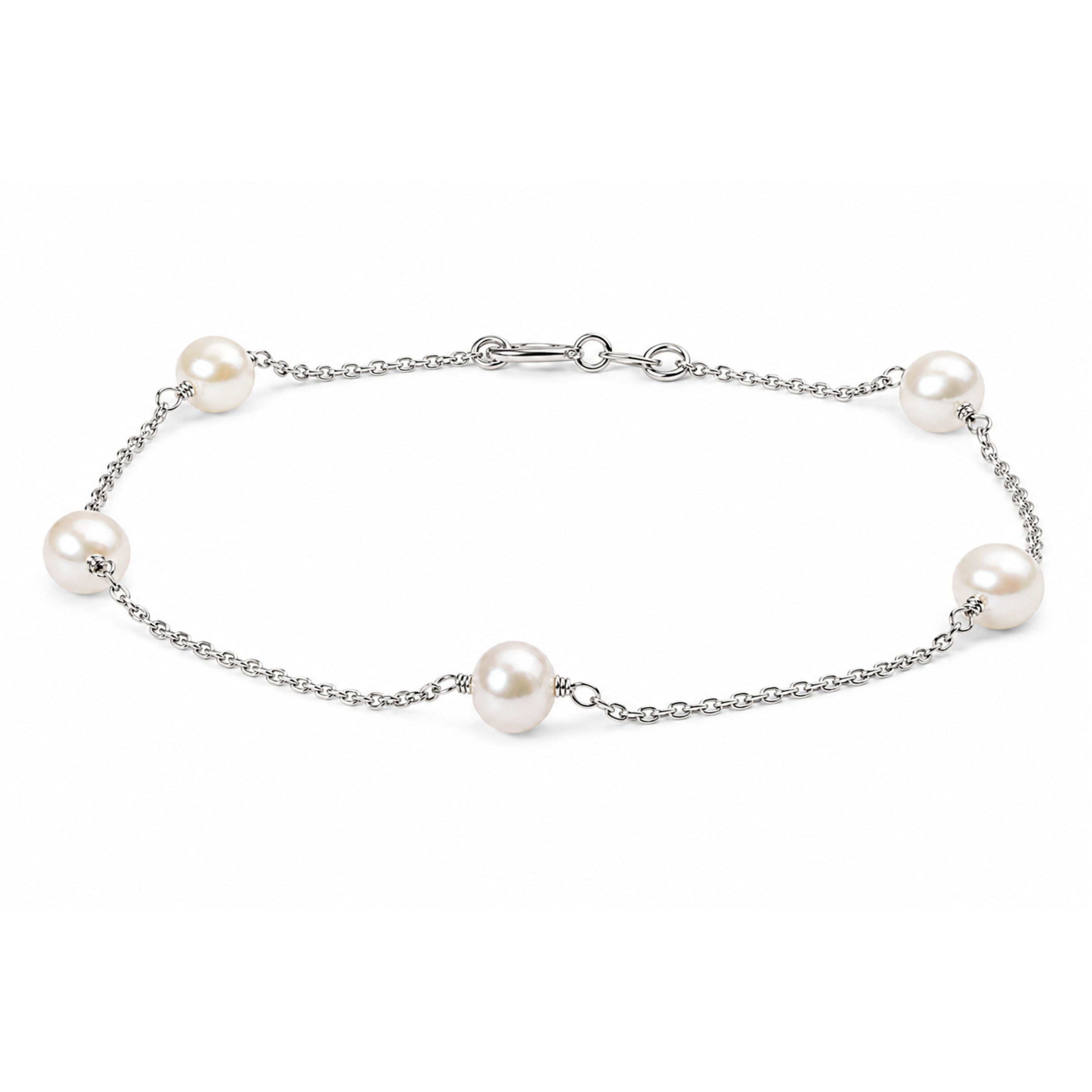 14K White Gold Cultured White Freshwater Pearl Station Bracelet