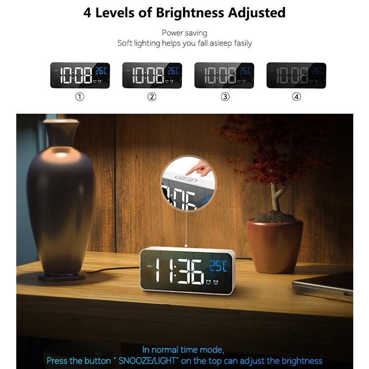 Bedside Alarm Clock Sound Control Mirror LED Music Clock (White)