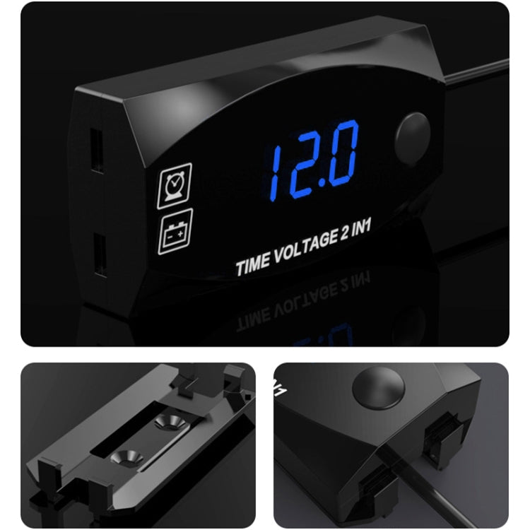 Motorcycle Multi-functional 2 in 1 Digital Display Voltmeter + Electronic Clock, 6-30V IP67 (Blue Light)