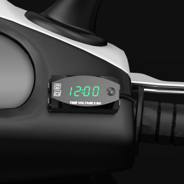 Motorcycle Multi-functional 2 in 1 Digital Display Voltmeter + Electronic Clock, 6-30V IP67 (Green Light)