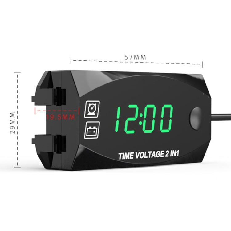 Motorcycle Multi-functional 2 in 1 Digital Display Voltmeter + Electronic Clock, 6-30V IP67 (Green Light)