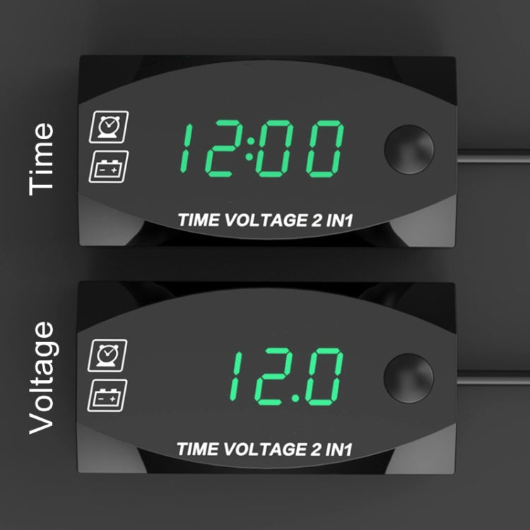 Motorcycle Multi-functional 2 in 1 Digital Display Voltmeter + Electronic Clock, 6-30V IP67 (Green Light)