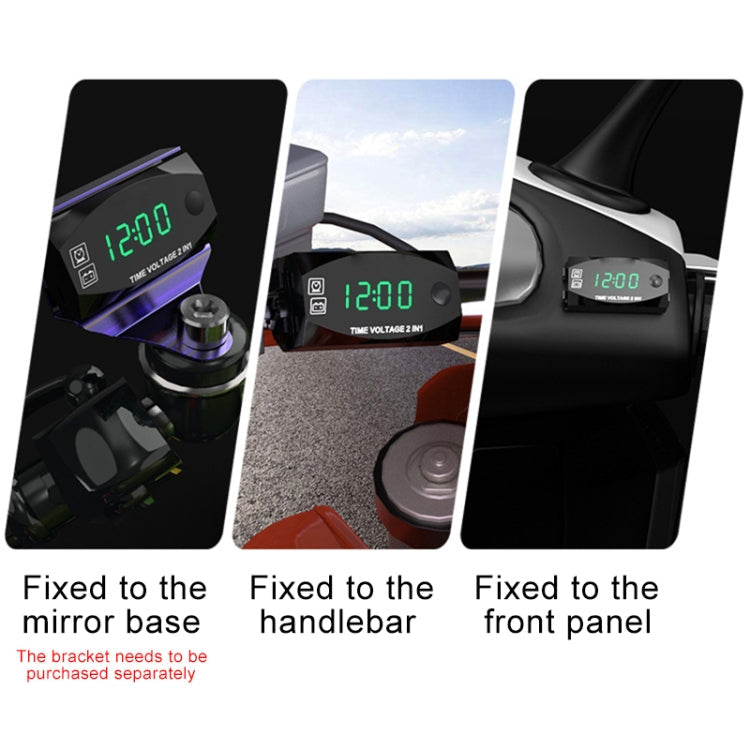 Motorcycle Multi-functional 2 in 1 Digital Display Voltmeter + Electronic Clock, 6-30V IP67 (Green Light)