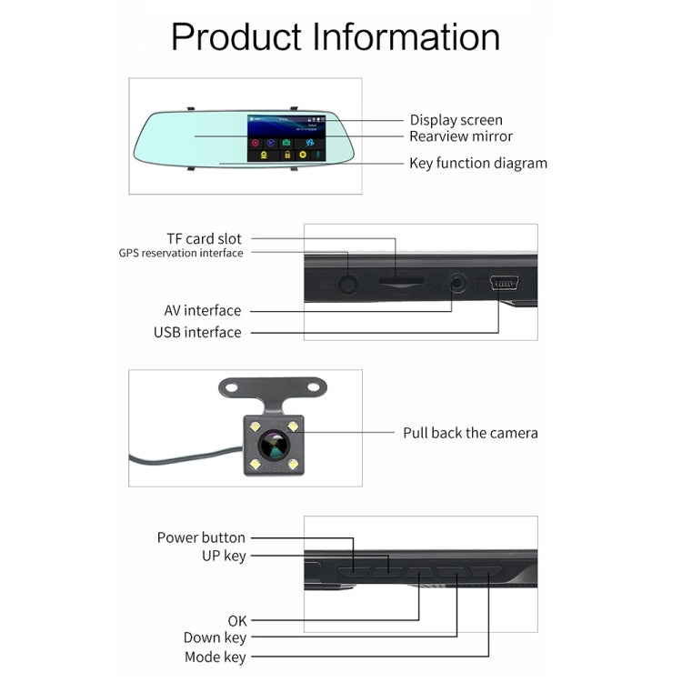 G705 5 inch LCD Touch Screen Rear View Mirror Car Recorder with Separate Camera, 170 Degree Wide Angle Viewing, Support Loop Video / Motion Detection / G-Sensor / TF Card