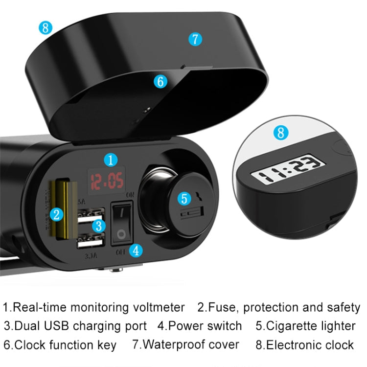 3A Motorcycle Multi-functional Cigarette Lighter Socket Voltmeter + Cigarette Lighter Socket + Dual USB