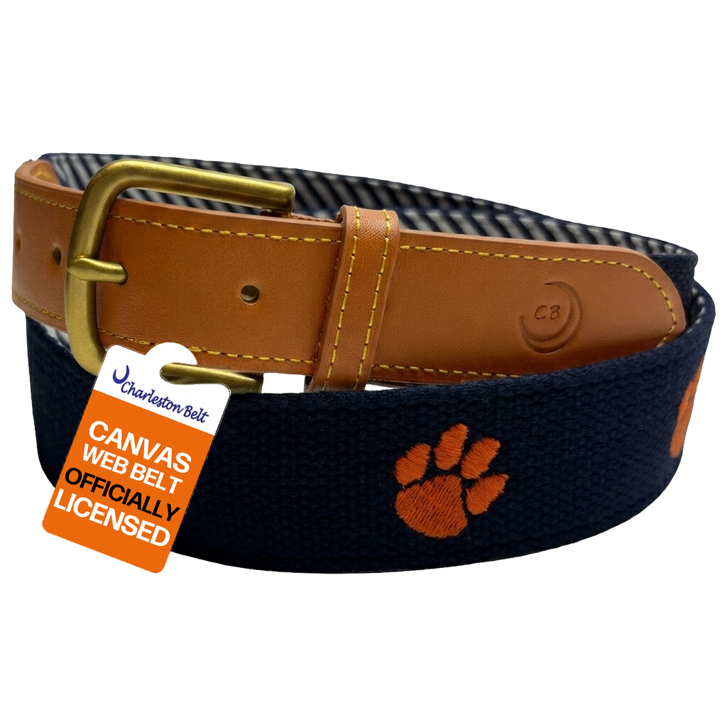 Clemson University Tigers - Officially Licensed - Orange Paw Embroidery on Navy Blue Canvas Web Belt