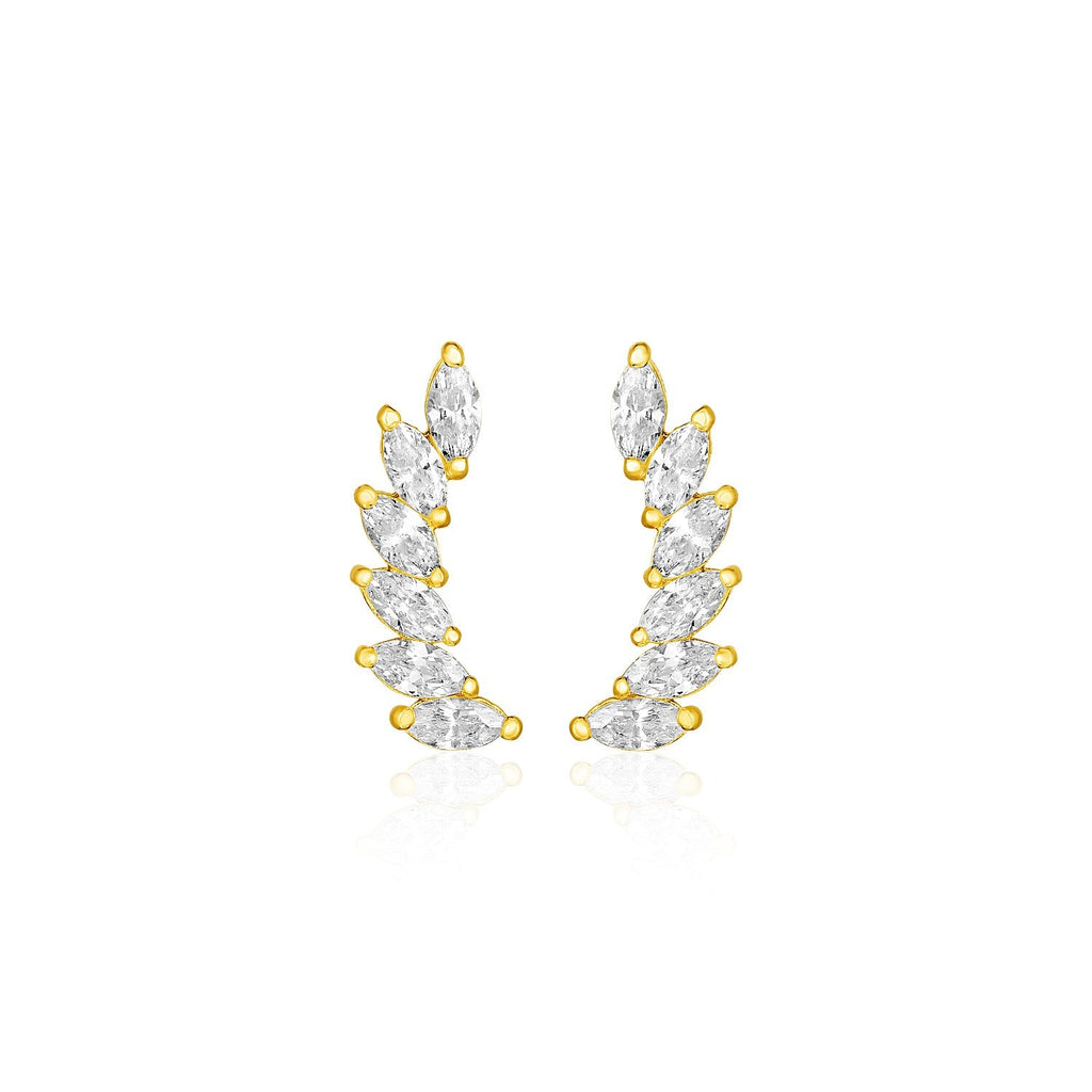 14k Yellow Gold Leaf Motif Climber Post Earrings with Marquise Cubic Zirconias