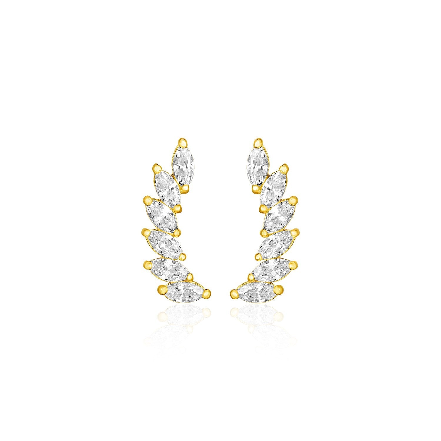 14k Yellow Gold Leaf Motif Climber Post Earrings with Marquise Cubic Zirconias