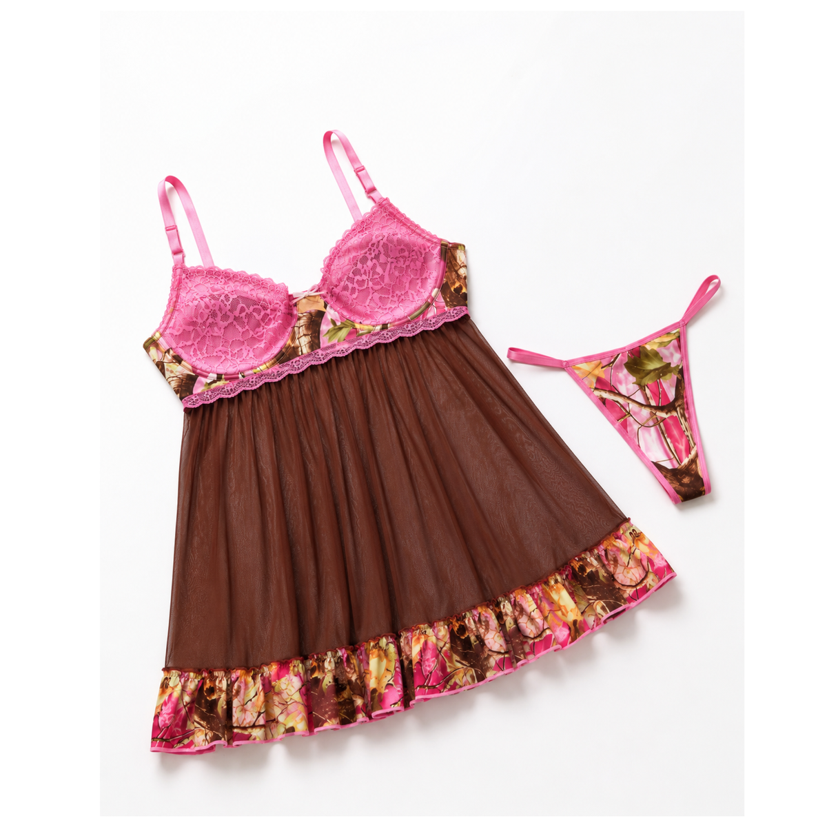 Women's Pink Camo Babydoll Lingerie Set - PinkWoods 2-Piece with Thong - Wilderness Dreams