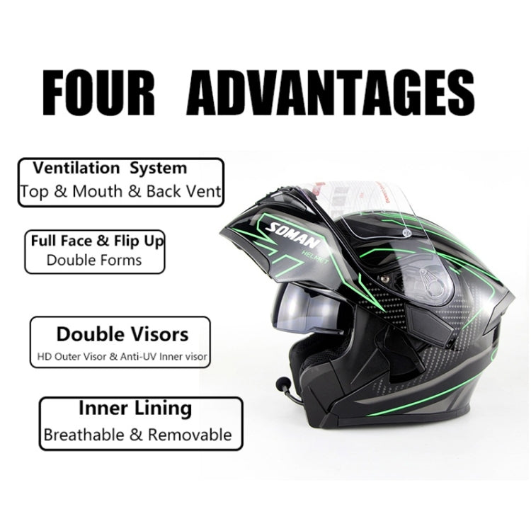 Soman 955 Skyeye Motorcycle Full / Open Face Bluetooth Helmet Headset Full Face, Supports Answer / Hang Up Calls(Black Green)