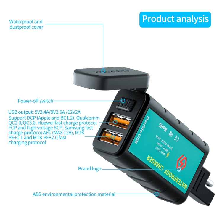 WUPP ZH-1422C1 Motorcycle Square Dual USB Fast Charging Charger with Switch + Integrated SAE Socket