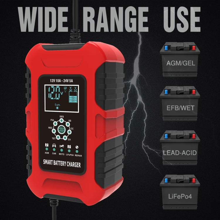 FOXSUR 10A 12V 7-segment Motorcycle / Car Smart Battery Charger, Plug Type:EU Plug(Red)