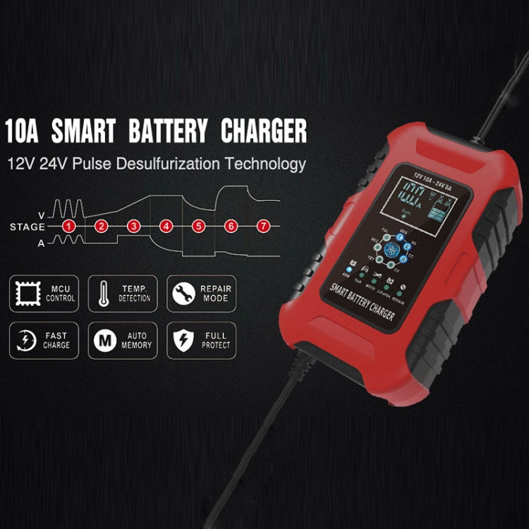 FOXSUR 10A 12V 7-segment Motorcycle / Car Smart Battery Charger, Plug Type:EU Plug(Red)