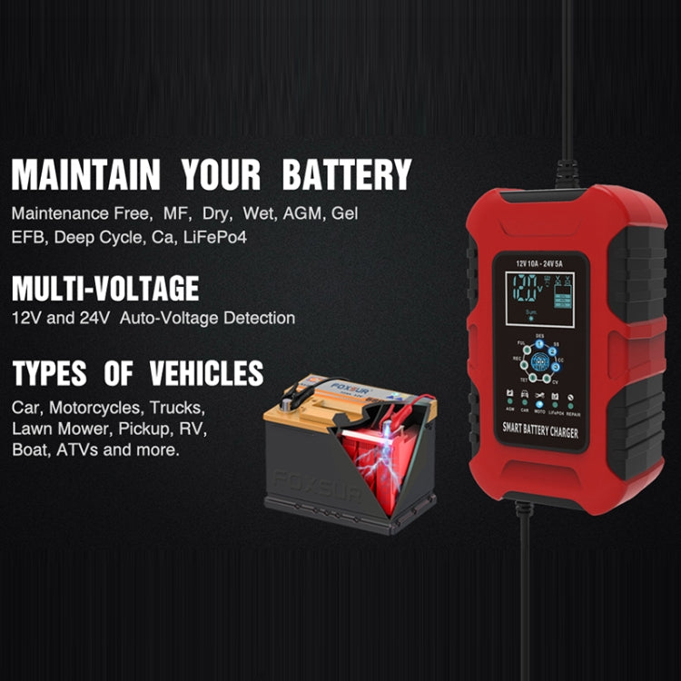 FOXSUR 10A 12V 7-segment Motorcycle / Car Smart Battery Charger, Plug Type:EU Plug(Red)