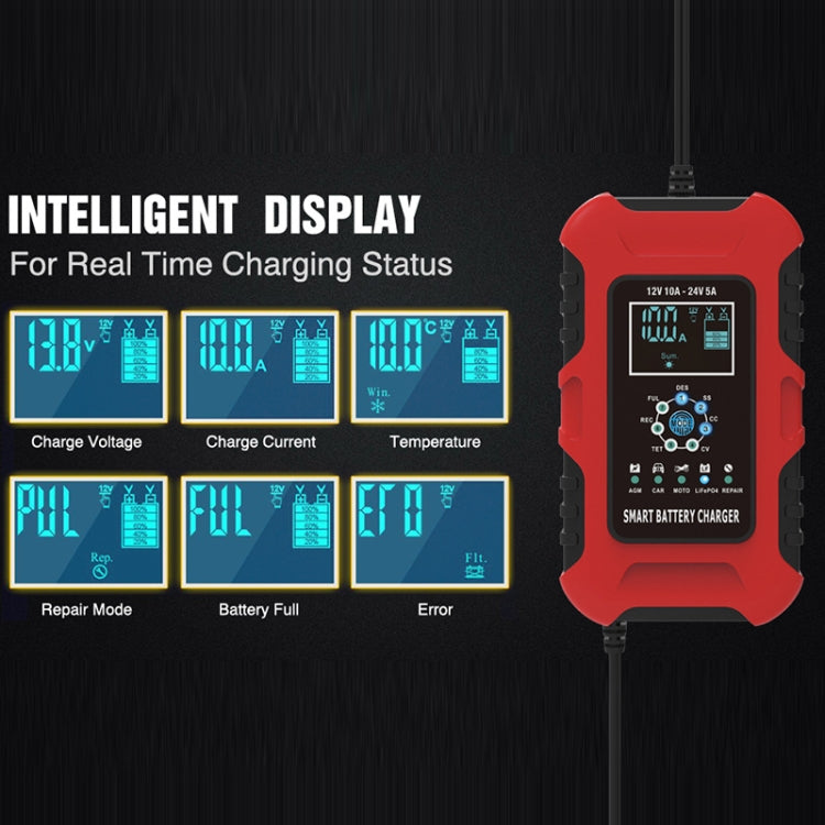 FOXSUR 10A 12V 7-segment Motorcycle / Car Smart Battery Charger, Plug Type:EU Plug(Red)