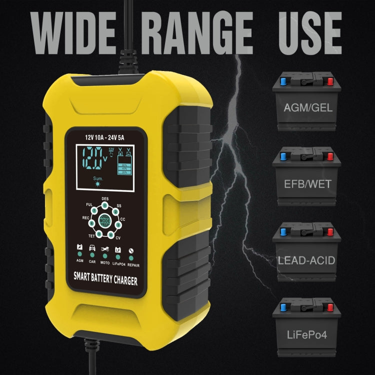 FOXSUR 10A 12V 7-segment Motorcycle / Car Smart Battery Charger, Plug Type:EU Plug(Yellow)