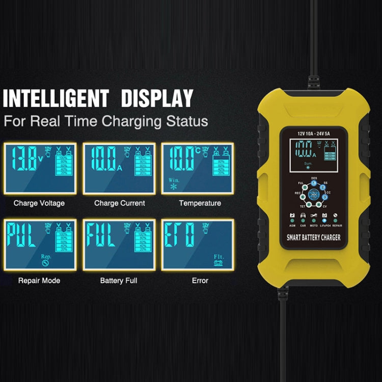 FOXSUR 10A 12V 7-segment Motorcycle / Car Smart Battery Charger, Plug Type:EU Plug(Yellow)