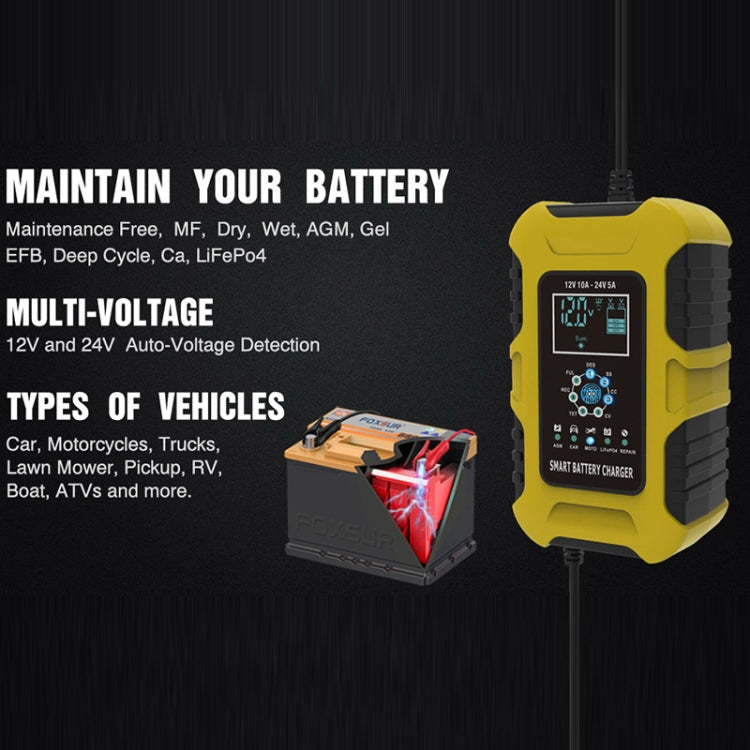 FOXSUR 10A 12V 7-segment Motorcycle / Car Smart Battery Charger, Plug Type:UK Plug(Yellow)