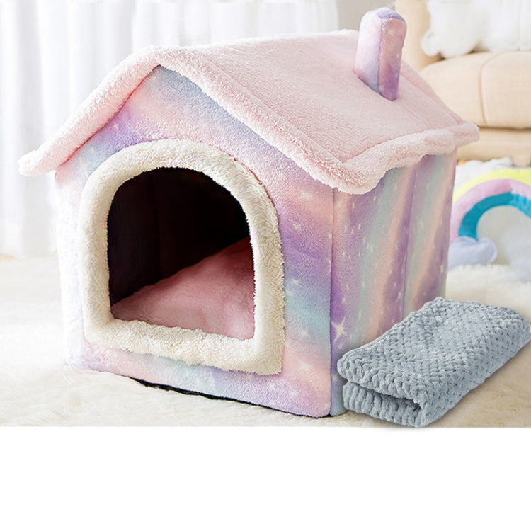 House Type Universal Removable and Washable Pet Dog Cat Bed Pet Supplies, Size:S(Pink Starry Sky + Blanket)