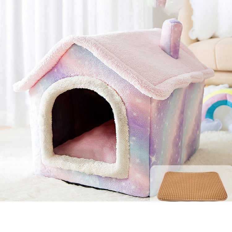 House Type Universal Removable and Washable Pet Dog Cat Bed Pet Supplies, Size:S(Pink Starry Sky + Mat)