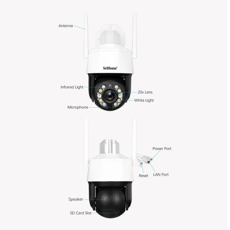 SriHome SH041 5.0MP 20X Optical Zoom 2.4G/5G WiFi IP66 Waterproof AI Auto Tracking H.265 Video Surveillance, Plug Type:US Plug(White)