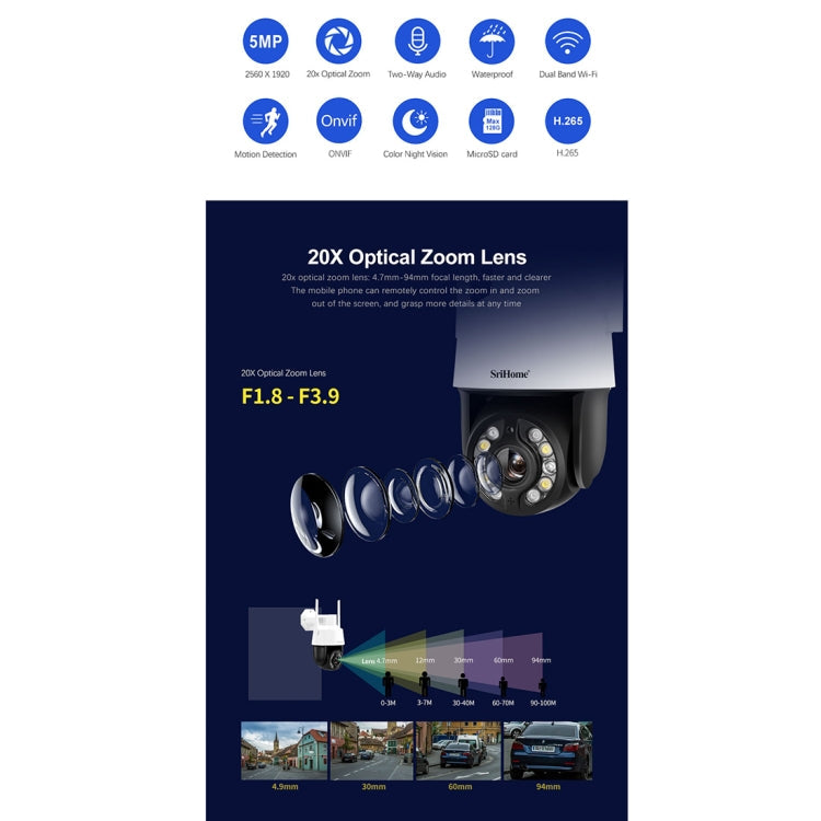 SriHome SH041 5.0MP 20X Optical Zoom 2.4G/5G WiFi IP66 Waterproof AI Auto Tracking H.265 Video Surveillance, Plug Type:UK Plug(White)