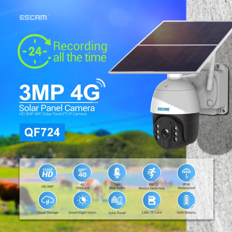 ESCAM QF724 3MP 24h Recording Cloud Storage PT 4G PIR Alarm IP Camera with Solar Panel, US Signal Bands