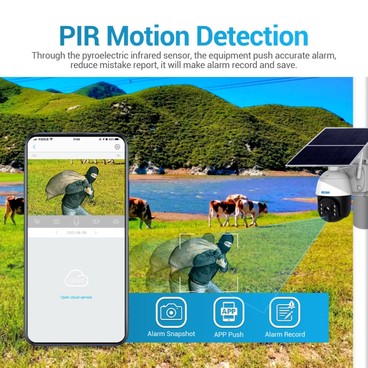 ESCAM QF724 3MP 24h Recording Cloud Storage PT 4G PIR Alarm IP Camera with Solar Panel, European Signal Bands