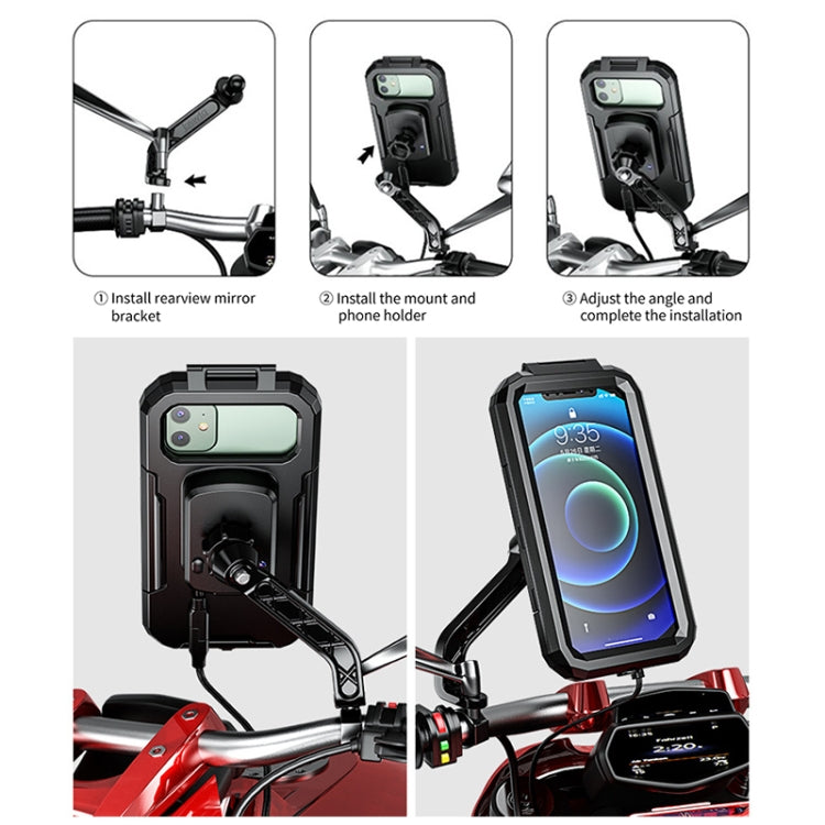 Kewig M18L-A2 Motorcycle / Bicycle Rearview Mirror Wireless Charging Waterproof Box Mobile Phone Holder