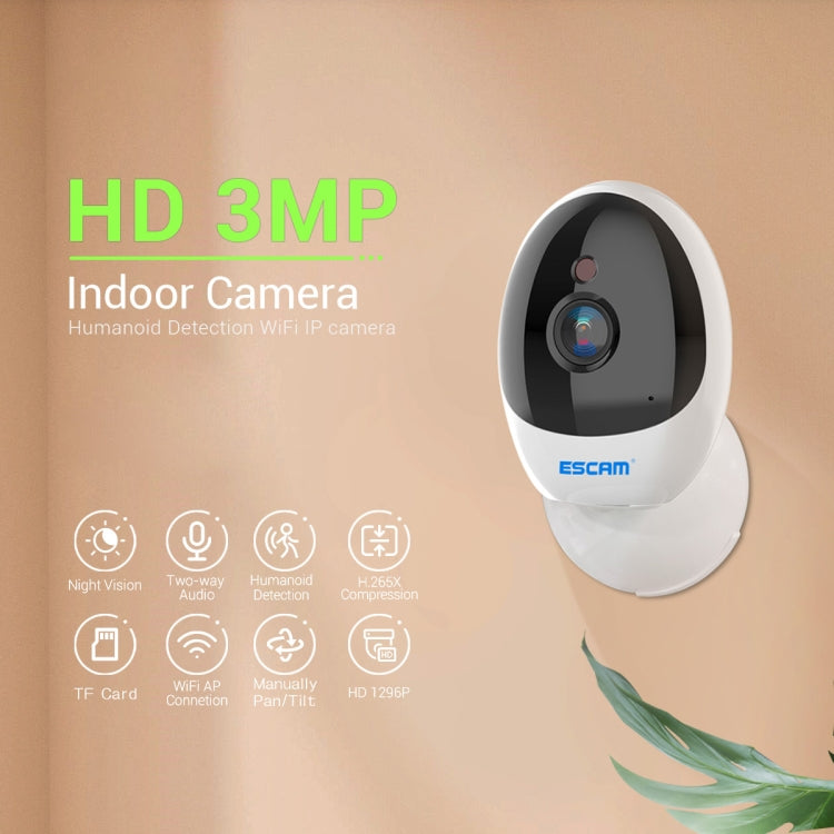 ESCAM QF006 3MP 1296P HD Indoor Wireless PTZ IP Camera IR Night Vision AI Humanoid Detection Home Security CCTV Monitor, Plug Type:AU Plug(White)