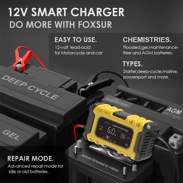 FOXSUR 6A 12V Motorcycle / Car Smart Battery Charger, Plug Type:AU Plug(Yellow)