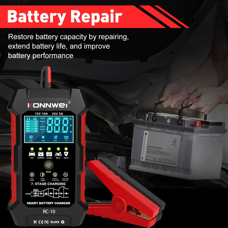 KONNWEI RC-10 2 inch Car Battery Charger Battery Pulse Repair Tool, Plug Type:EU Plug