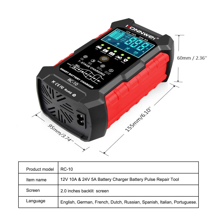 KONNWEI RC-10 2 inch Car Battery Charger Battery Pulse Repair Tool, Plug Type:EU Plug