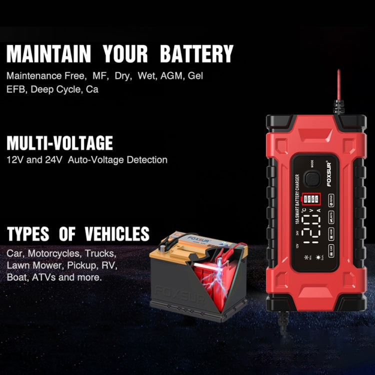FOXSUR 12V / 24V / 10A Car / Motorcycle Battery Smart Repair Lead-acid Battery Charger, Plug Type:AU Plug