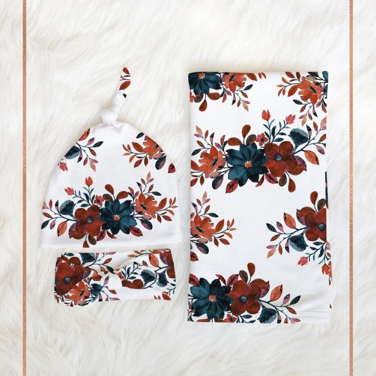 Newborn Baby Three-piece Swaddling Scarf  Cap Headband(Flower-3)