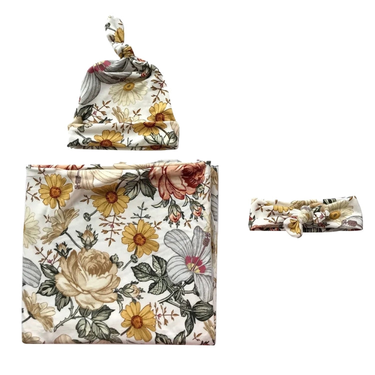 Newborn Baby Three-piece Swaddling Scarf  Cap Headband(Flower-4)