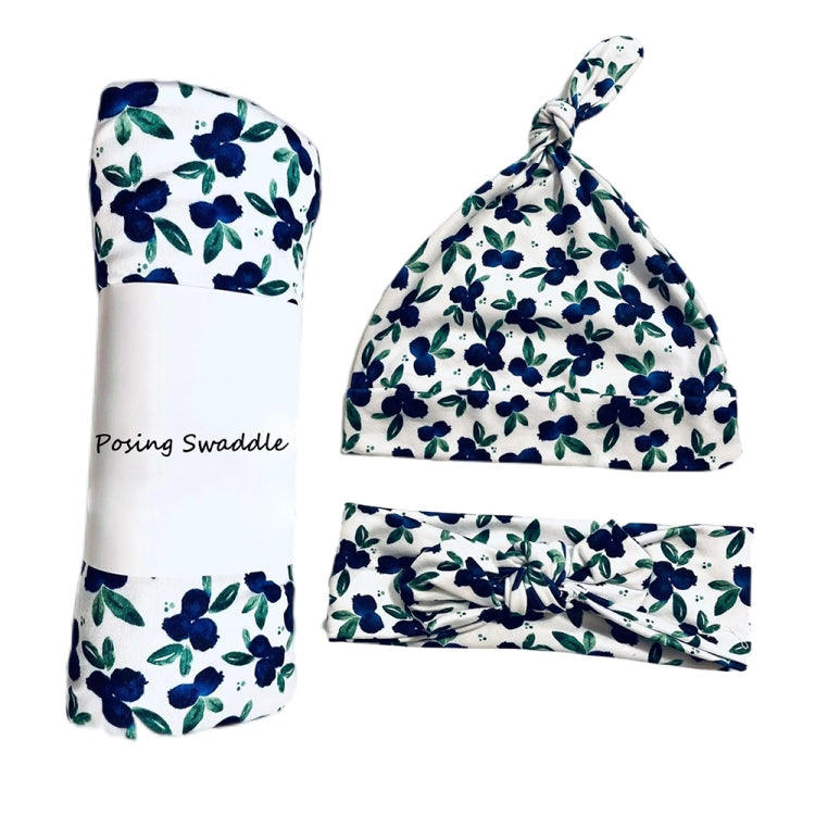 Newborn Baby Three-piece Swaddling Scarf  Cap Headband(Flower-5)