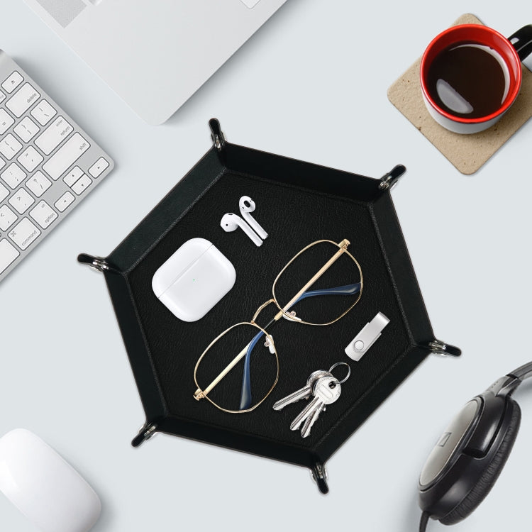 Hexagonal Desktop PU Storage Box Sundries Tray, Size:7 inch(Black)