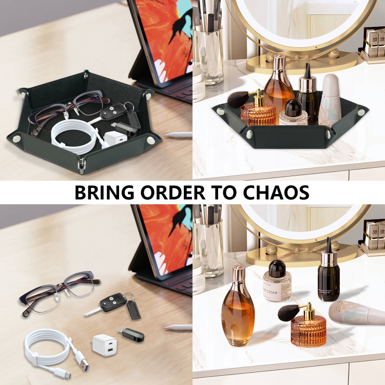 Hexagonal Desktop PU Storage Box Sundries Tray, Size:7 inch(Black)