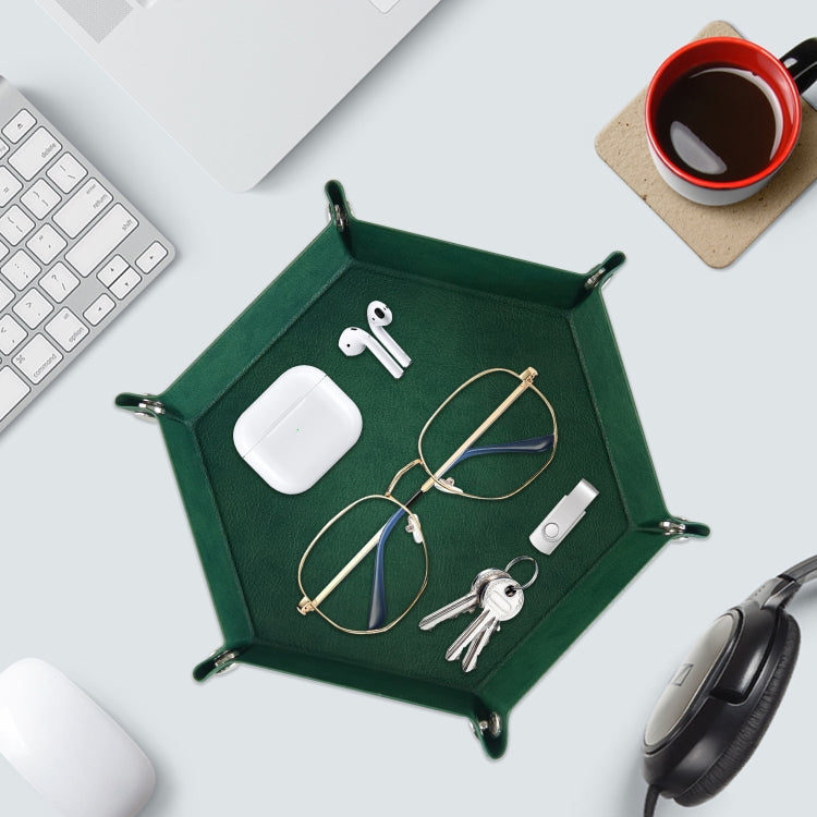 Hexagonal Desktop PU Storage Box Sundries Tray, Size:8 inch(Dark Green)