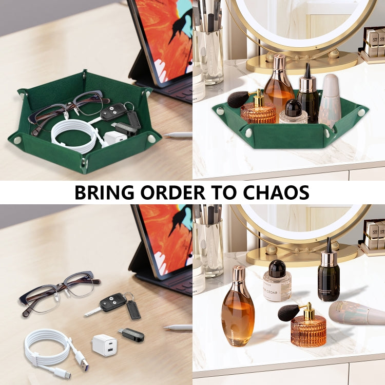Hexagonal Desktop PU Storage Box Sundries Tray, Size:8 inch(Dark Green)