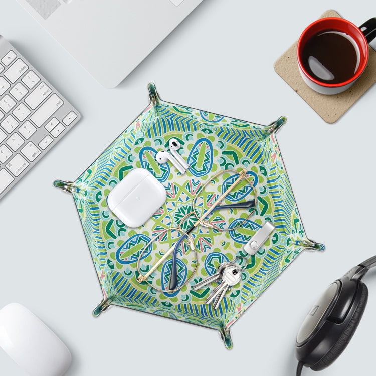 Hexagonal Desktop PU Storage Box Sundries Tray, Size:8 inch(Bohemian Green)