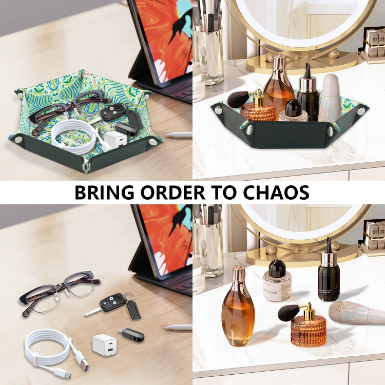 Hexagonal Desktop PU Storage Box Sundries Tray, Size:8 inch(Bohemian Green)